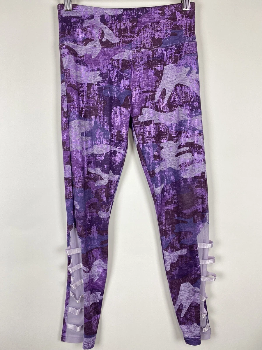 Justice CXJ Leggings 14/16 Purple Camo Activewear Pants Shiny Mesh Ribbon  Girls