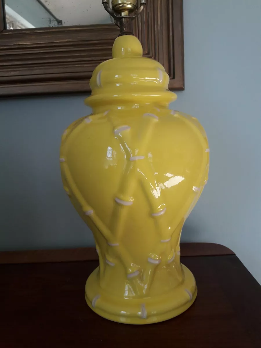 Mid Century Modern Vtg Ceramic Yellow Ginger Jar Faux Bamboo Table Lamp Regency