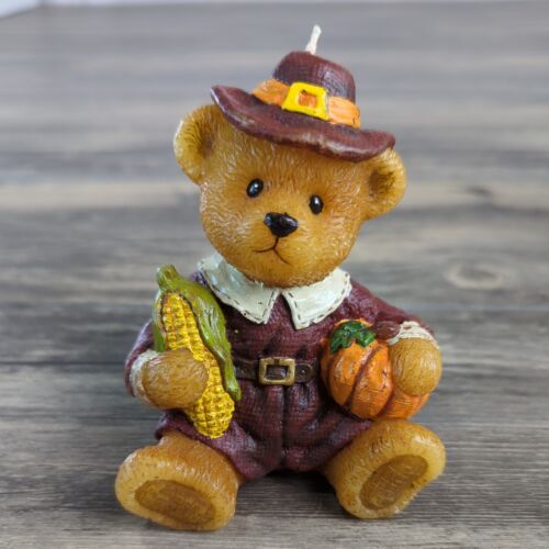 Vtg Russ Berrie Pilgrim Bear With Corn & Pumpkin Candle 4" Unburned Hand Painted - Picture 1 of 14