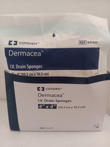 New 50 Packs 441407 COVIDIEN Dermacea Sterile I.V. Drain Sponges 4 x 4" Dressing