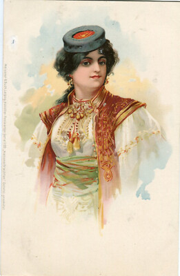 Oblaten scrap chromo Karte Jugendstil Dame Tracht MB Serie 1139 -3  14 cm