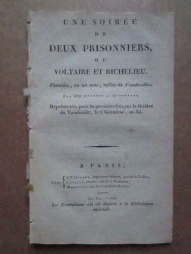 UNE SOIREE DE DEUX PRISONNIERS ou Voltaire et Richelieu, Bastille, 1803. - Foto 1 di 5