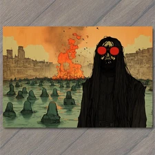 Art Print Red Goggles Skull Face Long Hair Fire Water Drones Dystopian Town