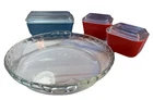 Vtg Pyrex Refrigerator Dish Lot 2 Red 1 Blue w/ Ribbed Lids Scalloped Pie Plate