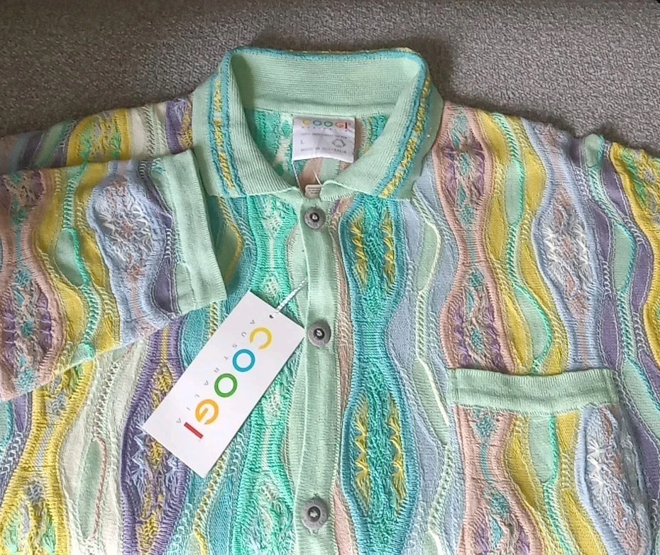 Vintage Coogi Sweater Men's L Multicolor Pastel Colorful Collar Button Up Biggie - Image 2 of 4