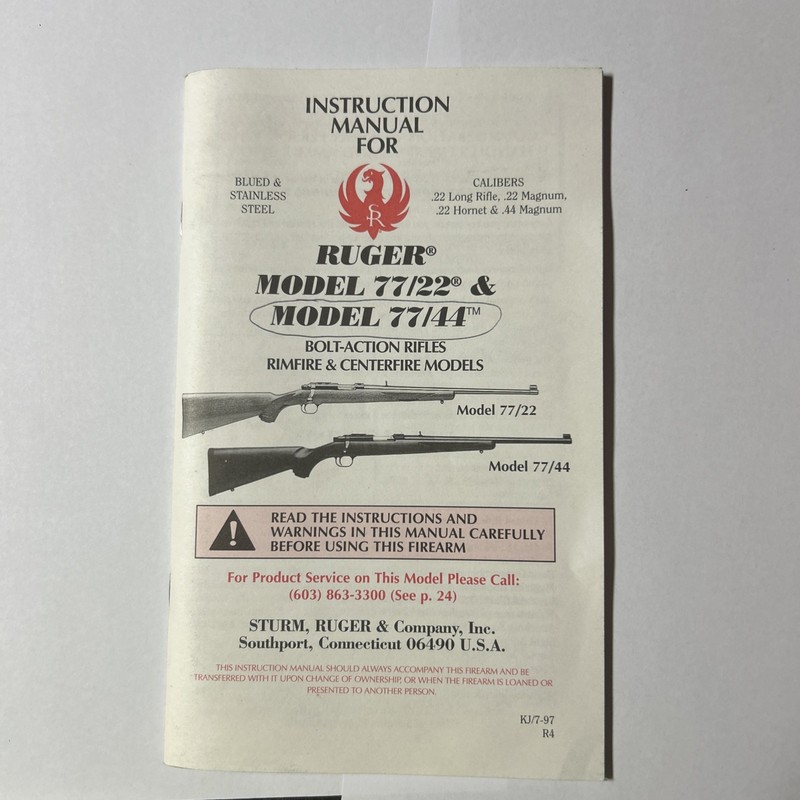 Ruger Model 77/22, 77/17 & 77/44 Owners Manual Original Factory Manual Vintage