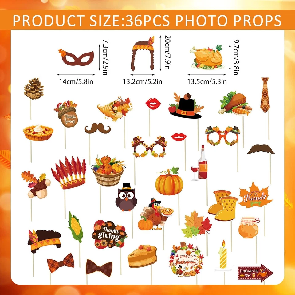 36 Pcs Thanksgiving Decorations Photo Booth Props Fall Harvest Party Happy Thank - Image 2 of 4