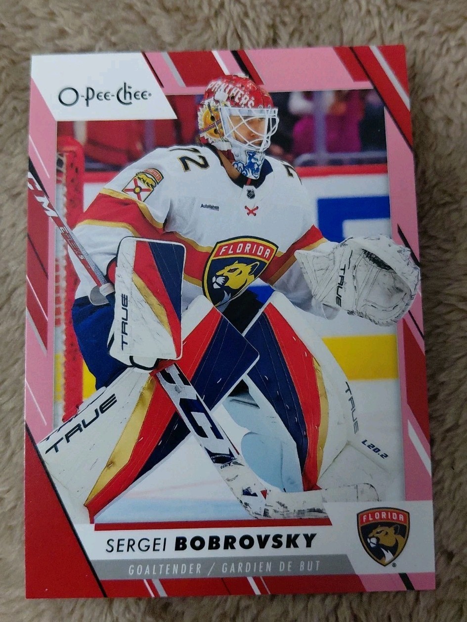 Sergei Bobrovsky #143 Hockey Cards 2023 O-Pee-Chee Pregame Warm-Up Jersey Photo trading card — raw and PSA graded price guide
