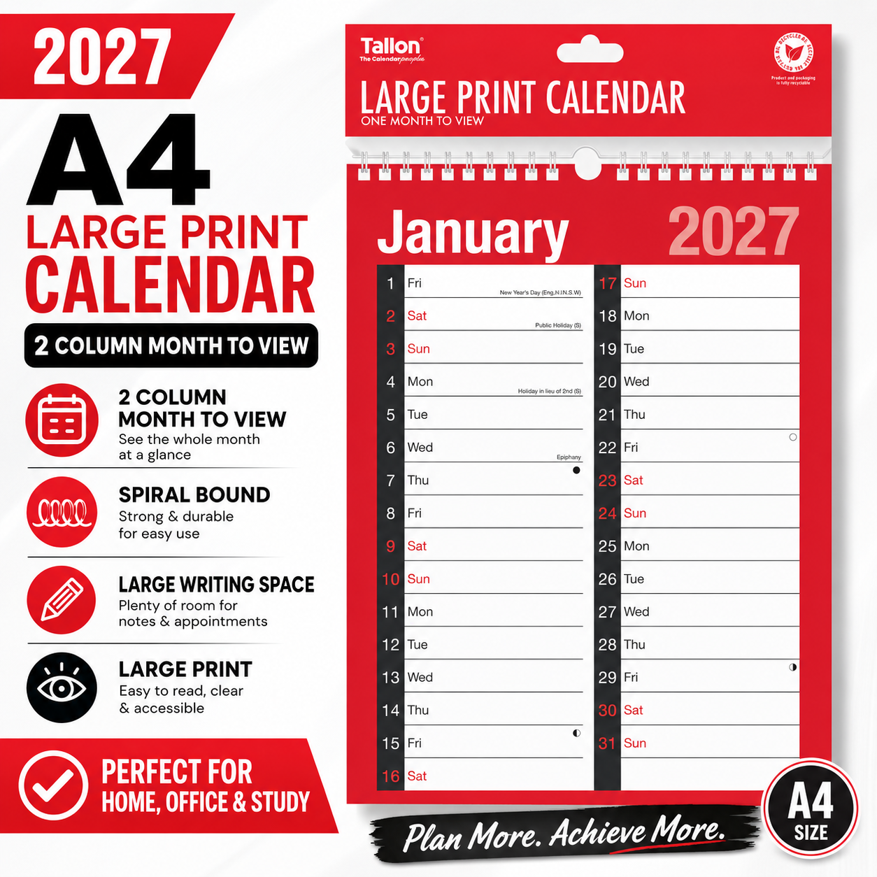 2027 A4 Large Print Calendar 2 Column Month To View Spiral Bound Office Planner