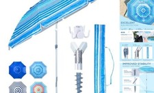Heavy Duty High Wind Beach Umbrella with Sand Anchor  Carry Bag Ocean Stripe