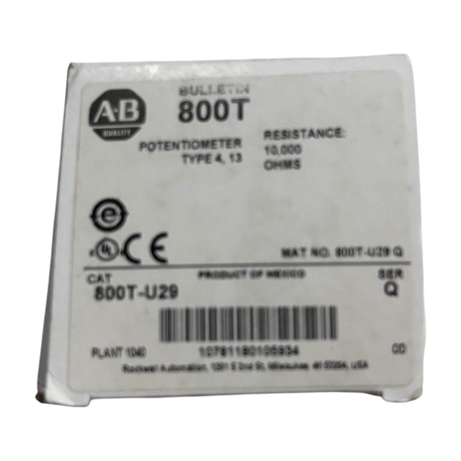 Allen-Bradley 800T-U29 10K Ohm Potentiometer Type 4/13 Bulletin 800T NOB