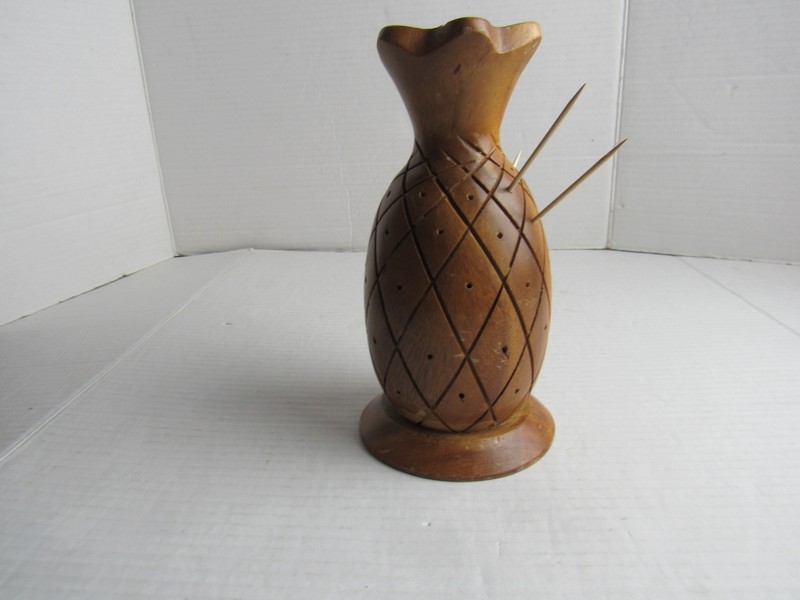 Vtg Leilani Monkey-Pod Wood Pineapple Toothpick Appetizer Holder 7 1/2" Tall