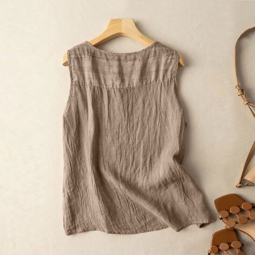 Summer Tank Vest Shirt Cotton Linen Sleeveless O-Neck Tops Blouse Tee Ladies - Photo 9/18