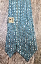 HERMES Paris Luxury Silk Neck Tie Horse But Chain Equestrian Blue EUC