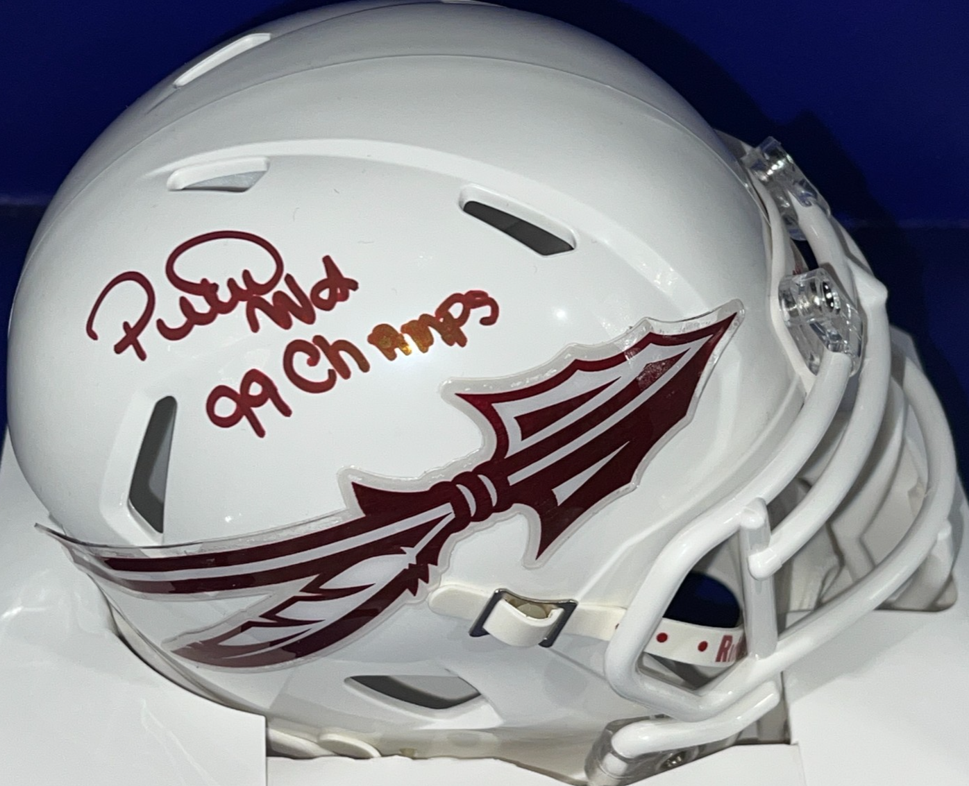 PETER WARRICK FLORIDA STATE SEMINOLES 99 CHAMPS BECKETT SIGNED MINI HELMET 
