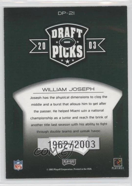 2003 Playoff Prestige Draft Picks /2003 William Joseph #DP-21 Rookie RC - Image 2 of 2