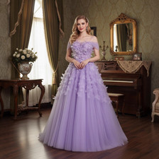 Lavender Off Shoulder Tulle Prom Dress 3D Appliques Floral Formal Evening Gown