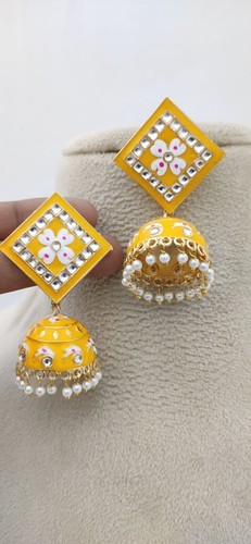 Boucles D'oreilles Bollywood Kundan Meenakari Vertes - Perles, Laiton, Fait Main En Inde