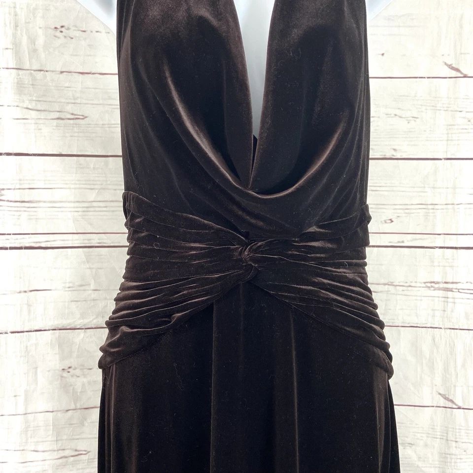 Maxi Vestido Halter Vintage Tadashi Shoji Para Mujer Mediano Marrón Terciopelo Sin Espalda Y2K Foto 4 de 4