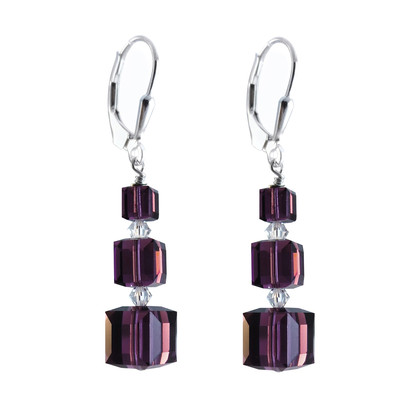Purple, Cube Earrings made w Swarovski Crystal Elements S. Silver Leverback