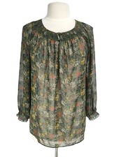 UNIQLO Olive Green Floral Chiffon Tunic Blouse Women Size S Long SLV No Camisole