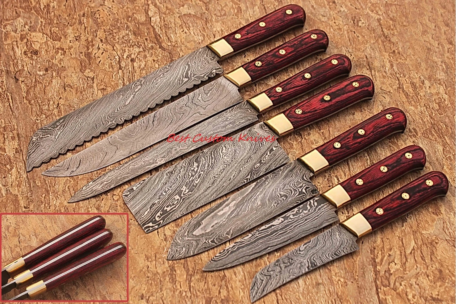 WP-Knives Custom Handmade Damascus Steel Splendid Kitchen Set Knives Lots of 7