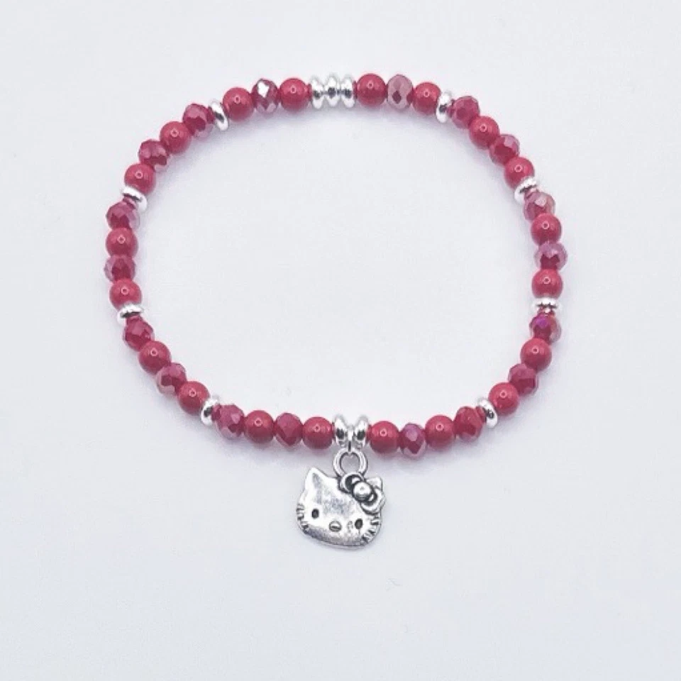 Pulsera Hello Kitty con Cristal Rojo, Cuentas de Cristal, Diseño Elástico Plateado Foto 2 de 2
