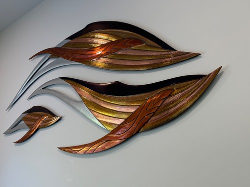 Whales original 3 piece artwork in mixed metal on hardwood with hanging Brackets - Picture 2 of 2