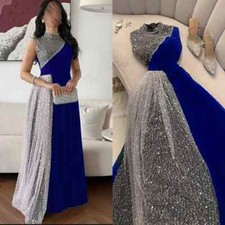 Navy Blue Evening Dresses Pleatd Sequin Tulle A-line O-Neck Midi Prom Party Gown