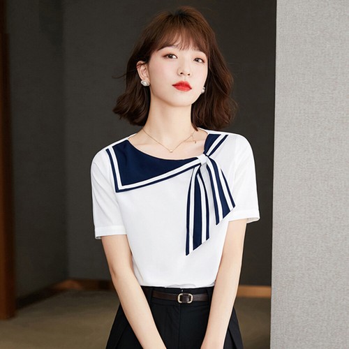 Ladies Chiffon Asymmetric Sailor Collar Top Shirt Short Sleeve T-shirt White - Picture 13 of 14