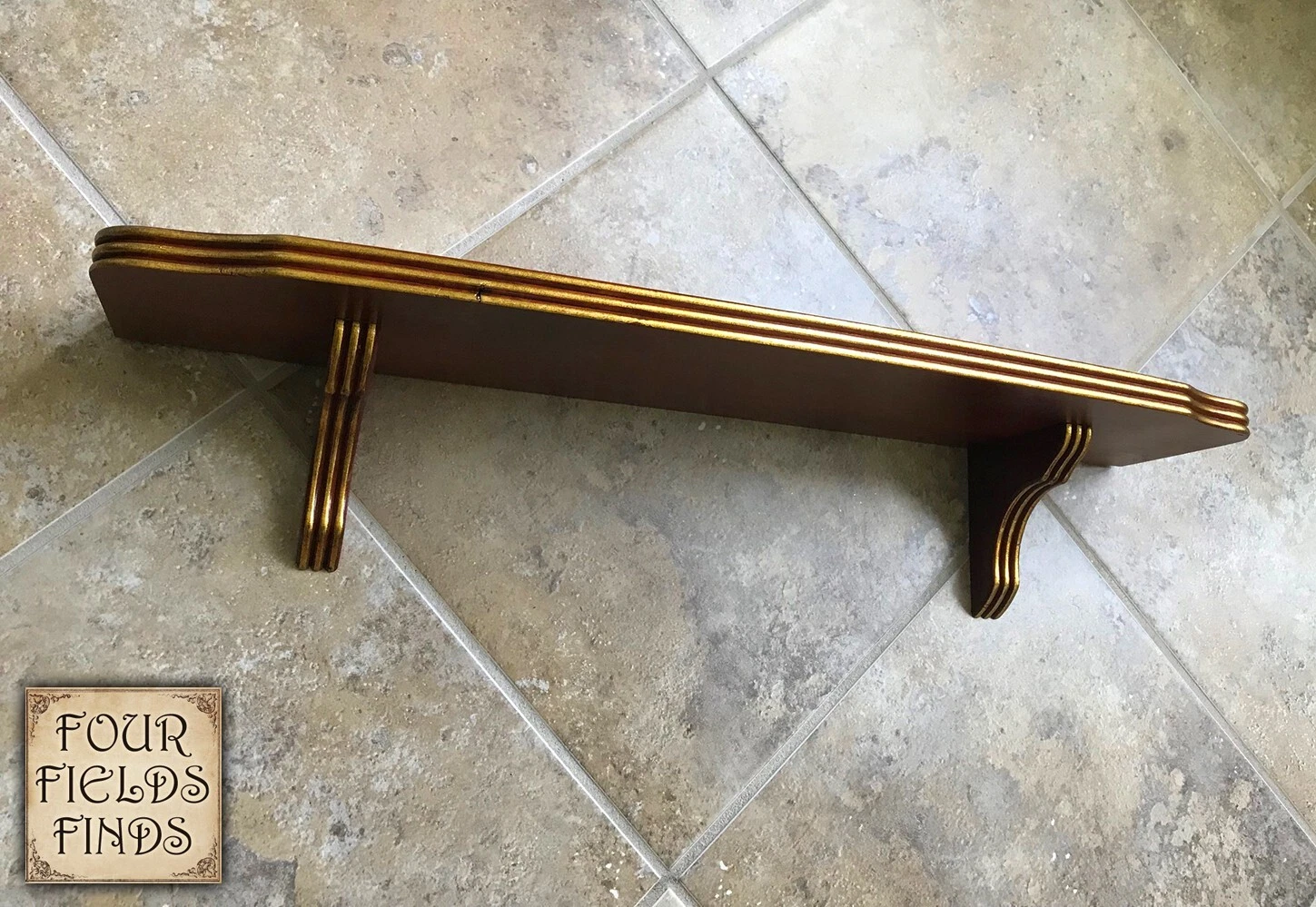 Vintage Farmhouse Wooden Wall Shelf With Plate Groove & Gold Trim 24 x 6 x 4.75”