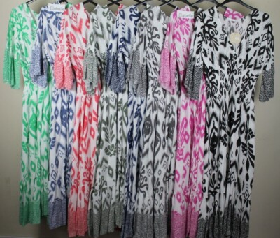 Damen Sommer Freizeit leichtes V-Ausschnitt elastisch bedruckt Maxikleid Kaftan