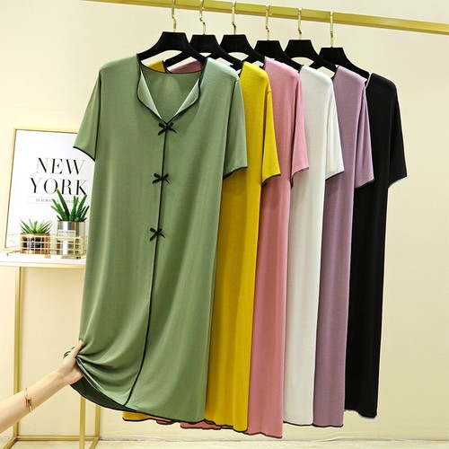 Women's Summer V-Neck Midi Dress - Modal Cotton Loose Fit Sleepwear/Lounge Dress - Picture 3 of 13