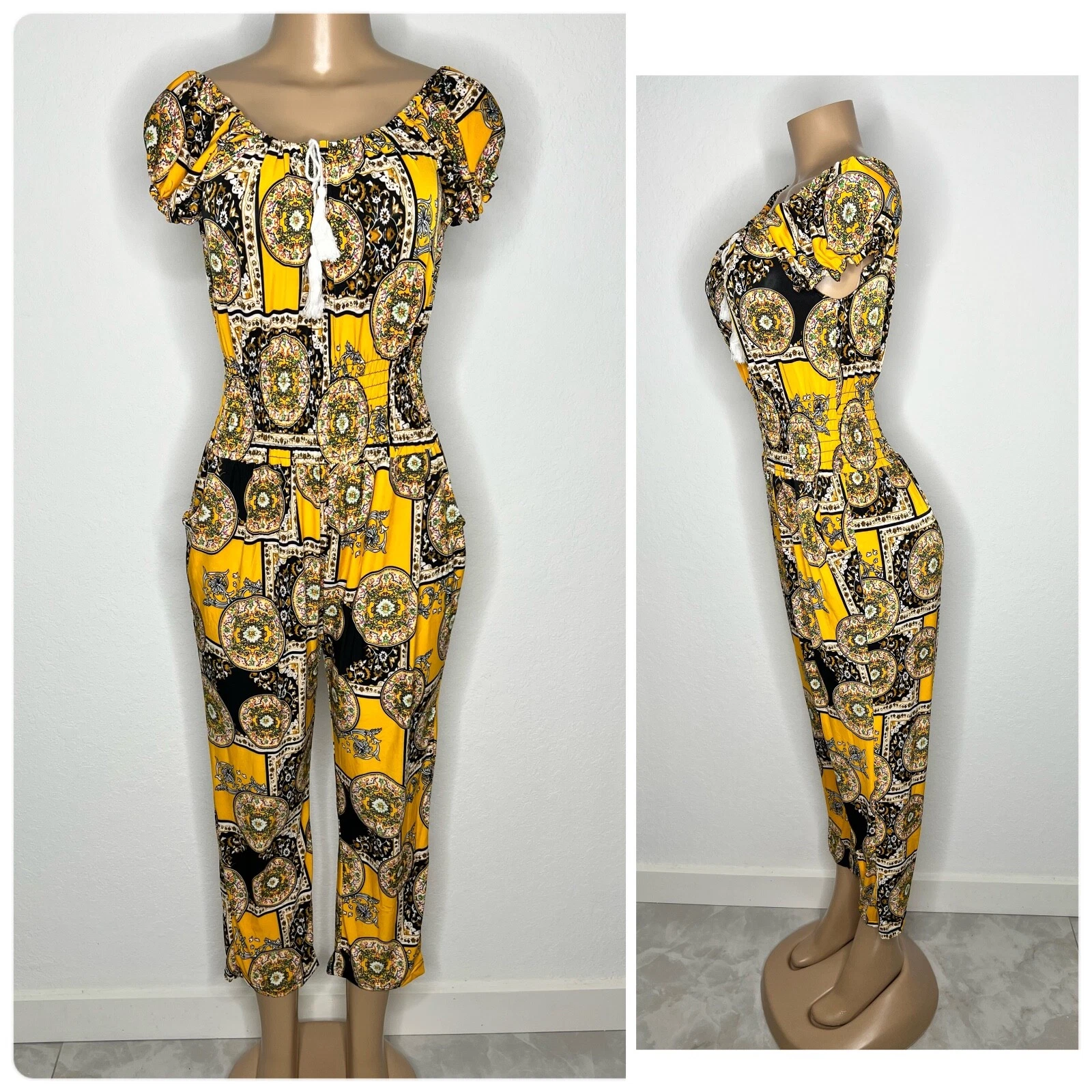 New Size S Women Floral Off Shoulder Relaxed Fit Yellow Jumpsuit With Pockets