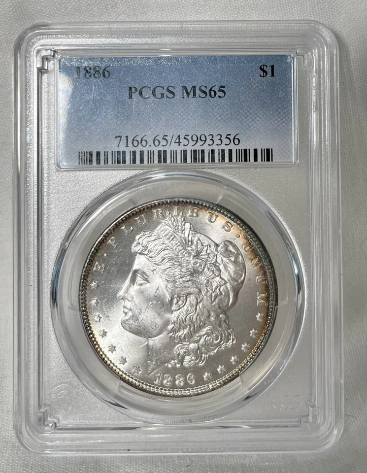 1886 PCGS MS65 Toned Morgan Dollar Rim Rainbow Toning Obverse, Lustrous Reverse!