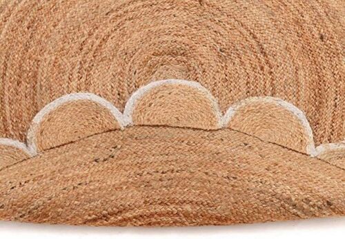 Handmade Braided Natural Pure Jute with white Design Scalloped Round Rug - Picture 4 of 4