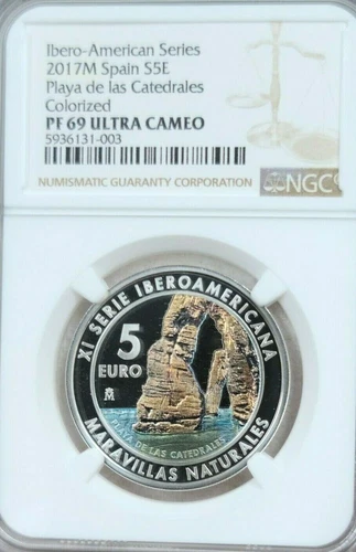 2017 SPAIN SILVER 5 EURO PLAYA DE LAS CATEDRALES NGC PF 69 ULTRA CAMEO SCARCE