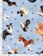 Animal Fabric - Cartoon Dog Toss on Faded Blue - Timeless Treasures YARD