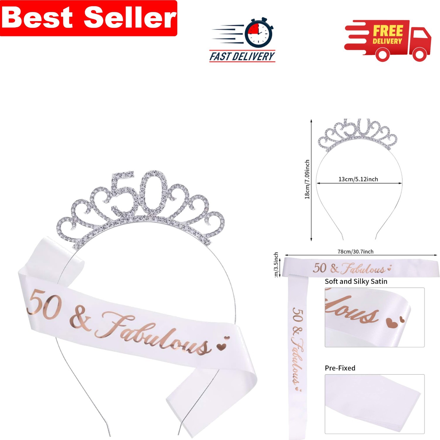 Stunning 50th Birthday Tiara with Satin Sash - Perfect for Princess Celebrations