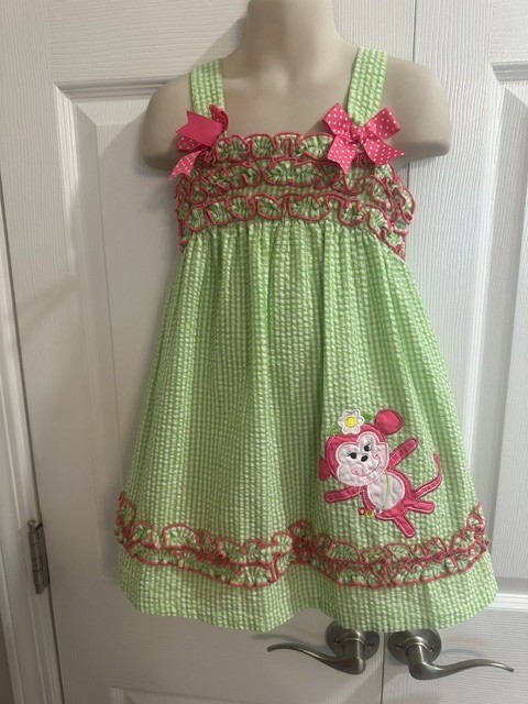 Rare Editions Size 5 Girls Green Seersucker Dress With Monkey & Ruffles