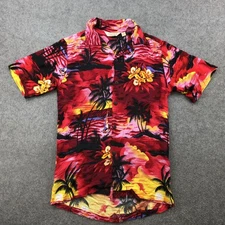 Vintage Sunny Island Hawaiian Shirt Mens Small Red Rayon Palm Trees Floral