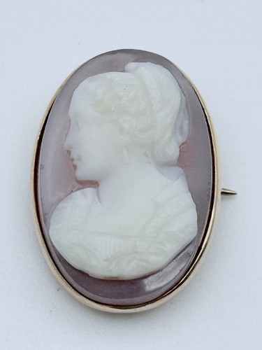 Antique 14K Yellow Gold Carved Hardstone/Chalcedony/Agate Cameo Pin Brooch