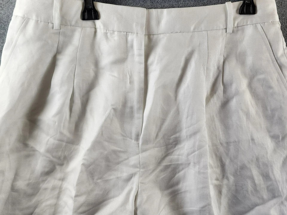 Pantalones Cortos DKNY Tiro Alto Plisados Delanteros Pierna Ancha Para Mujer 14 Marfil Lino Mezcla Gancho y Barra Foto 4 de 4