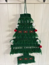 Vintage Christmas Tree Woven MCM Macrame Pompoms Embroidered Wall Hanging