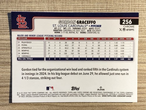 2025 Topps Chrome "Purple RayWave" Gordon Graceffo Rc NM #d/250 Stl. Cardinals - Picture 3 of 3
