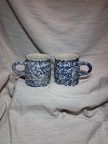 Roseville Workshop Of Gerald Henn Pottery Blue Spongeware Coffee Mugs Set Of 2
