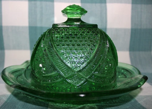 Green Depression Pressed Glass Cheese / Butter Dish + Dome Cover Lid 2 Pc