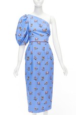 Markarian Laurel Blue Cotton Periwinkle Floral Print One Shoulder Dress Us0