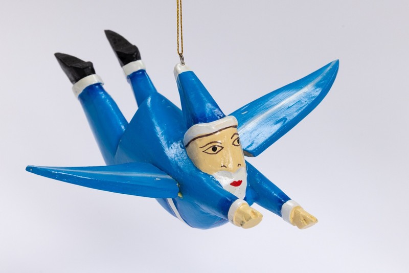 Wooden Flying Santa Blue Christmas Ornament Handmade Hand Painted