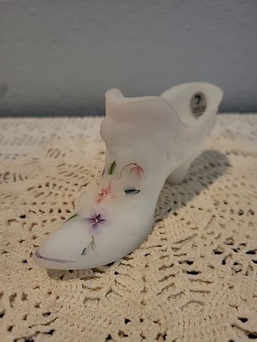 Vintage Fenton Hand Painted Milk Art Glass Floral Shoe Decor Signed Sticker